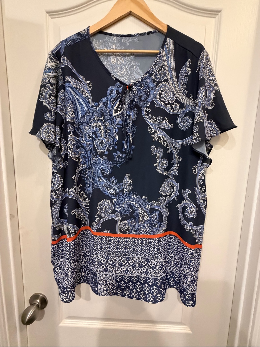Christopher & Banks Navy Paisley Tie-Neck Tunic with Orange Trim
